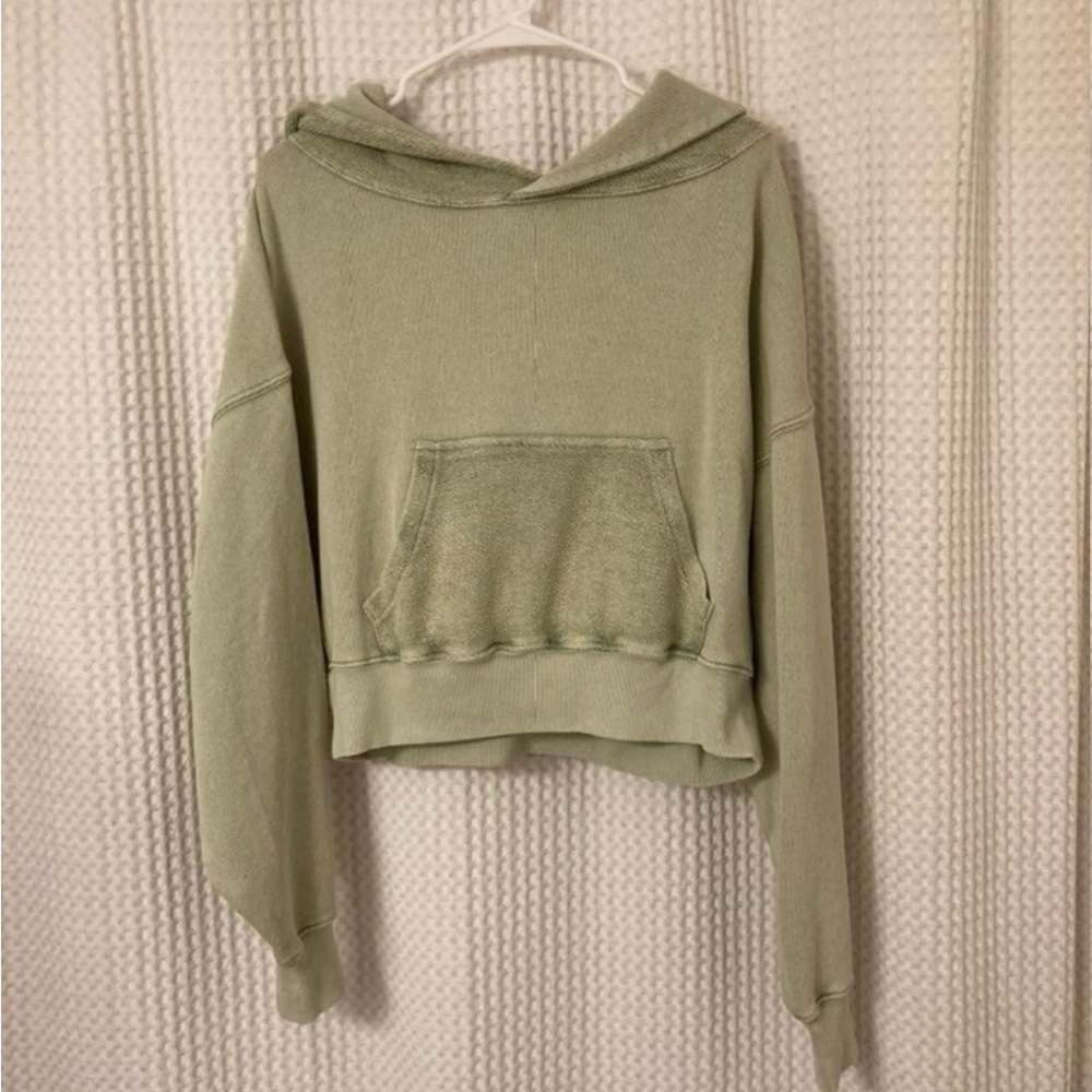Free People Sage Green Cropped Hooded Sweatshirt